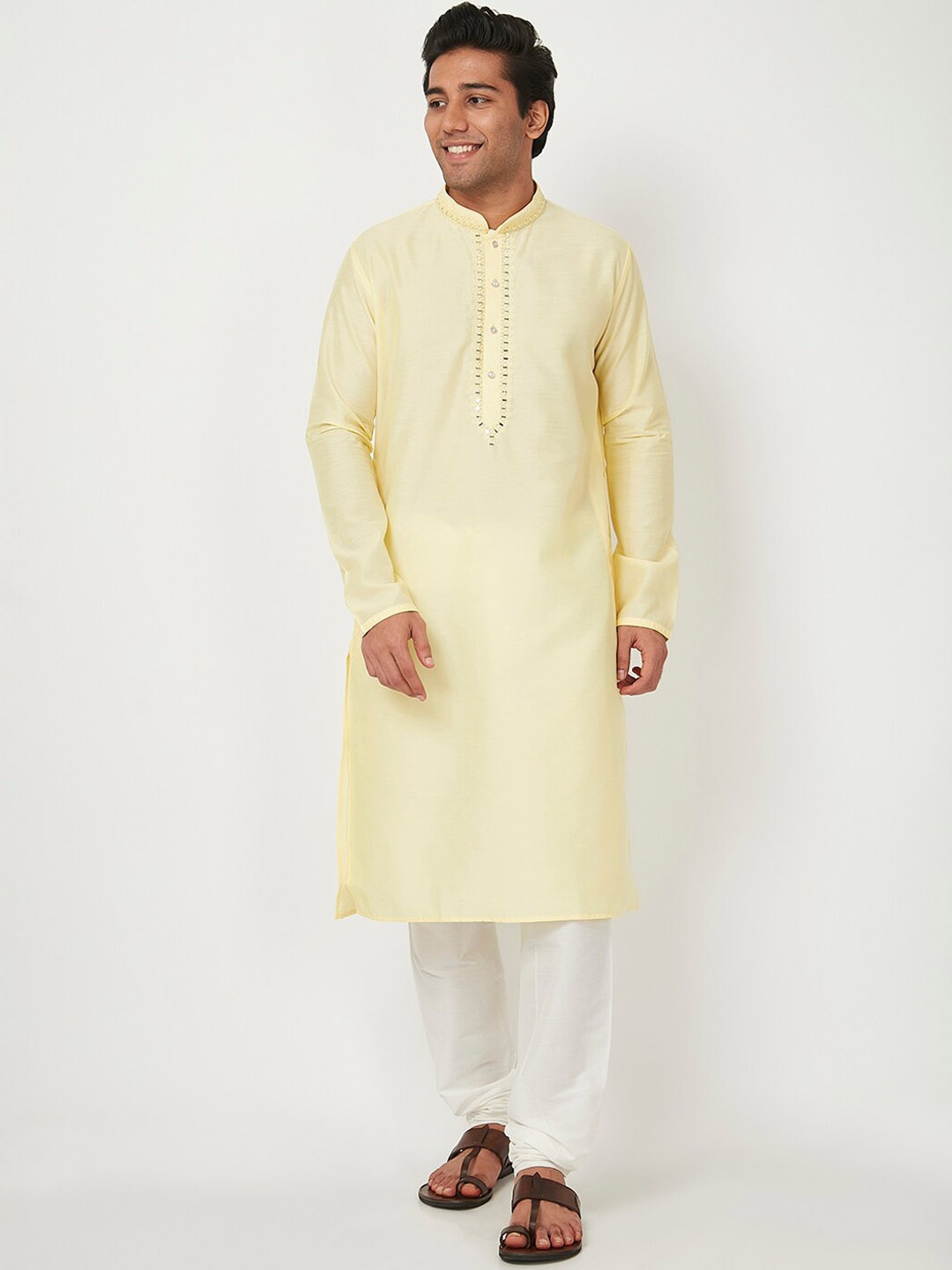 

Ethnicity Men Yellow Mirror Work Kurta with Pyjamas