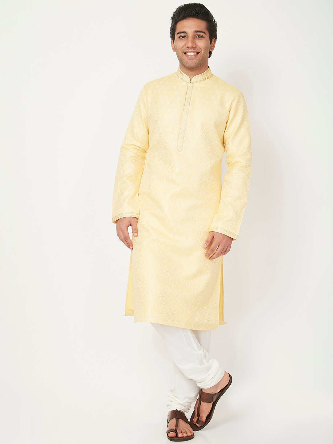 

Ethnicity Men Yellow Kurta with Pyjamas