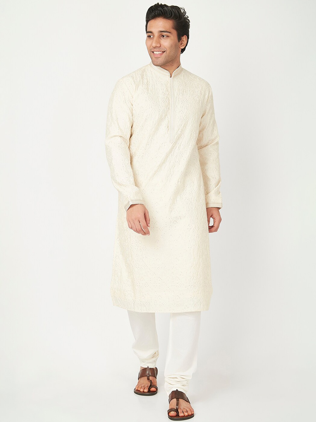 

Ethnicity Men Cream-Coloured Sequins Embroidered Kurta with Pyjama