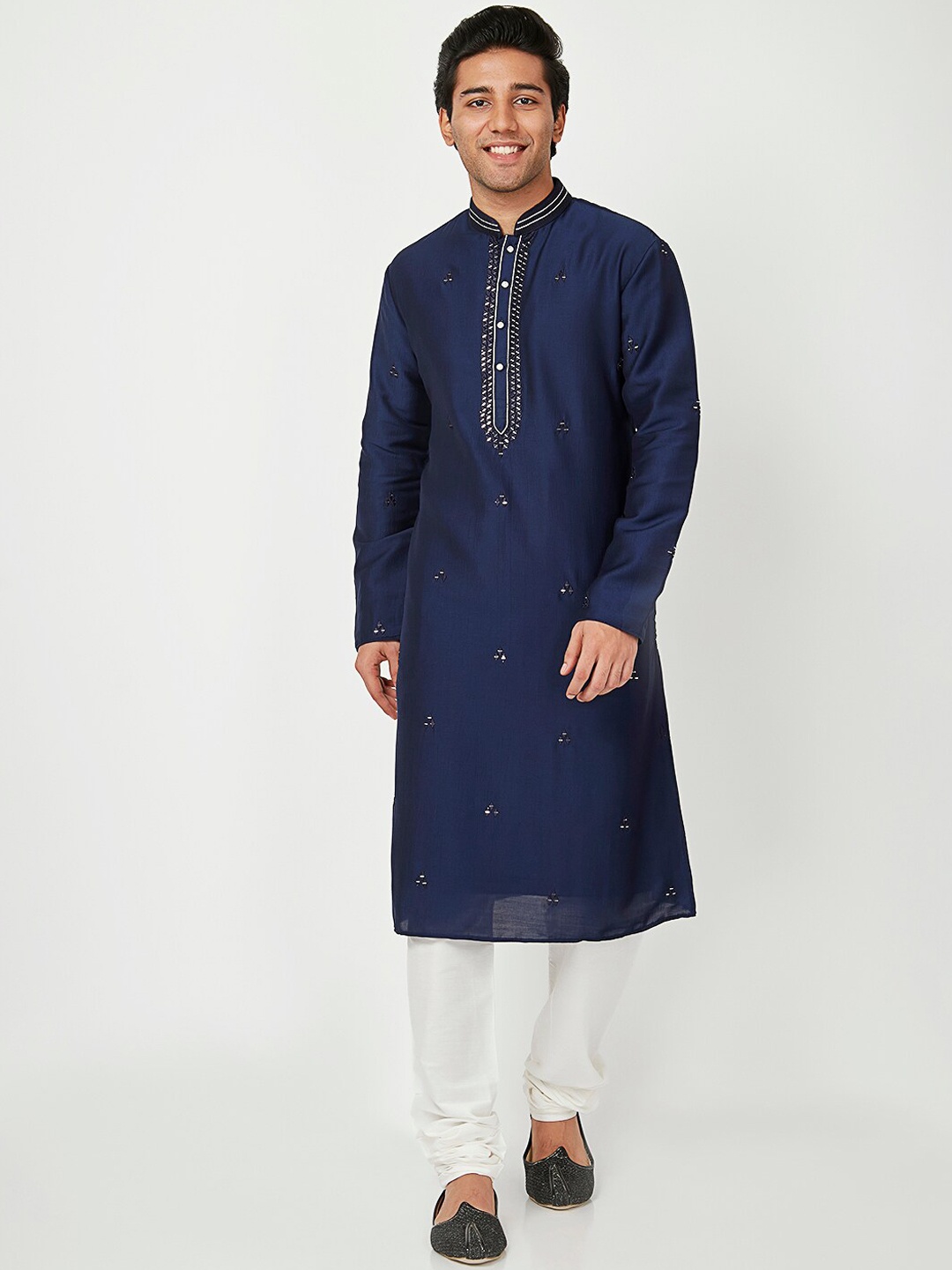 

Ethnicity Men Navy Blue & White Embroidered Kurta with Churidar