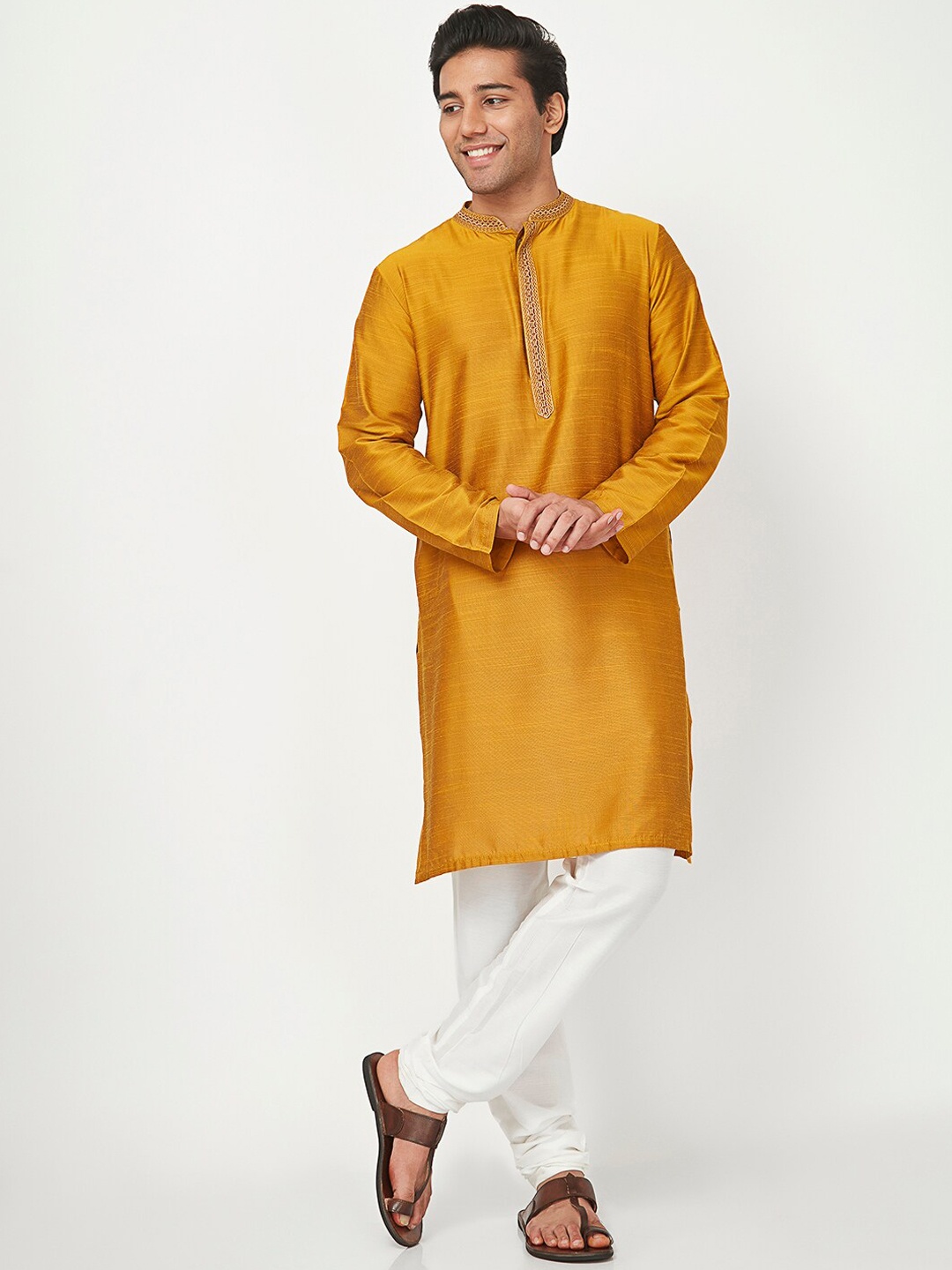 

Ethnicity Men Mustard Yellow Kurta with pyjamas Pants