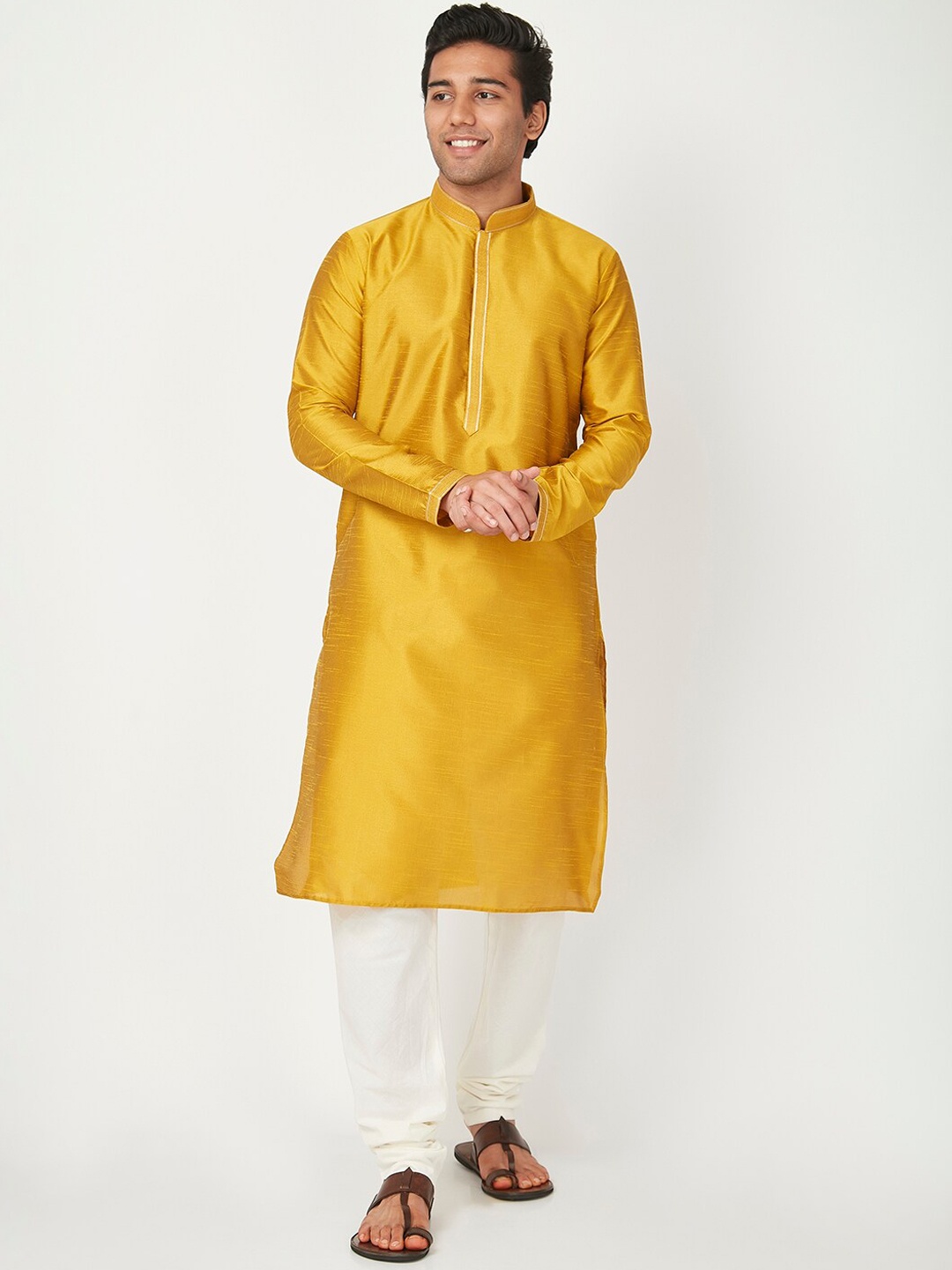 

Ethnicity Men Mustard Yellow Yoke Design Kurta with Churidar