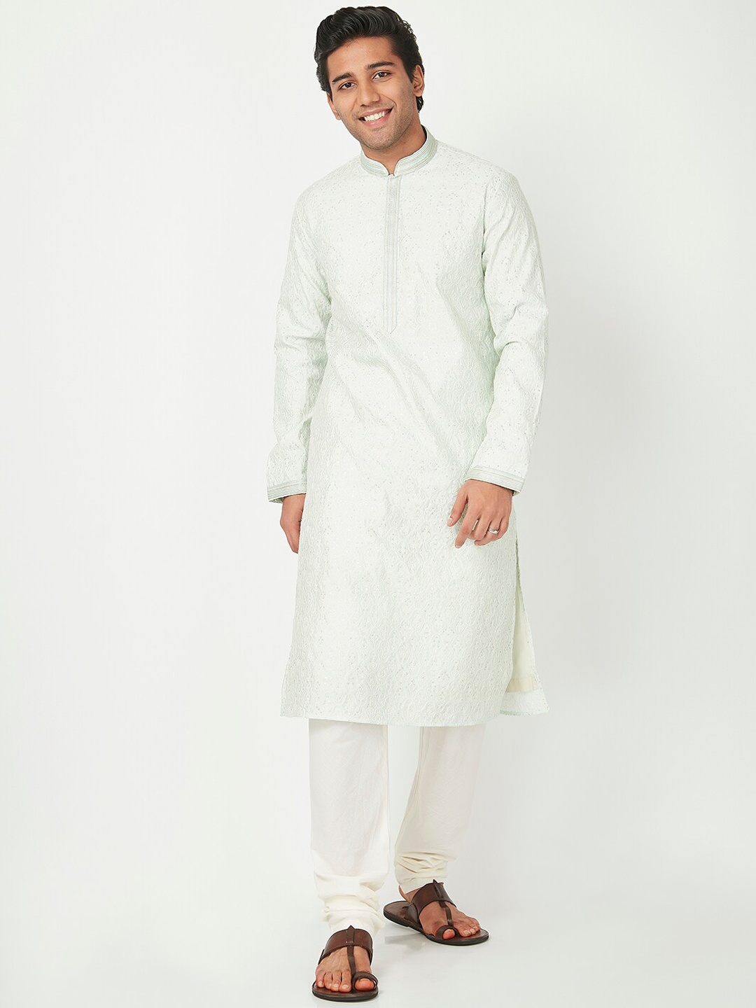 

Ethnicity Men Sea Green Ethnic Motif Embroidered Kurta with Churidar
