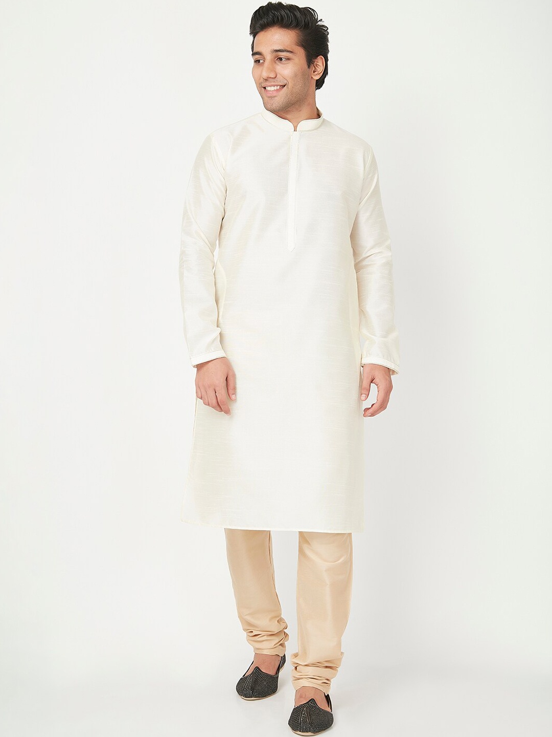 

Ethnicity Men Off White Polyester Cotton Solid Kurta with Churidar