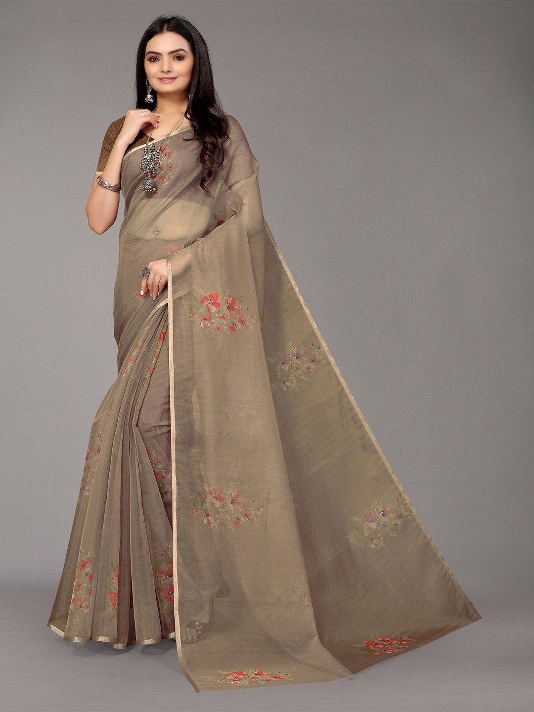 

Nimayaa Brown & Red Floral Organza Printed Saree