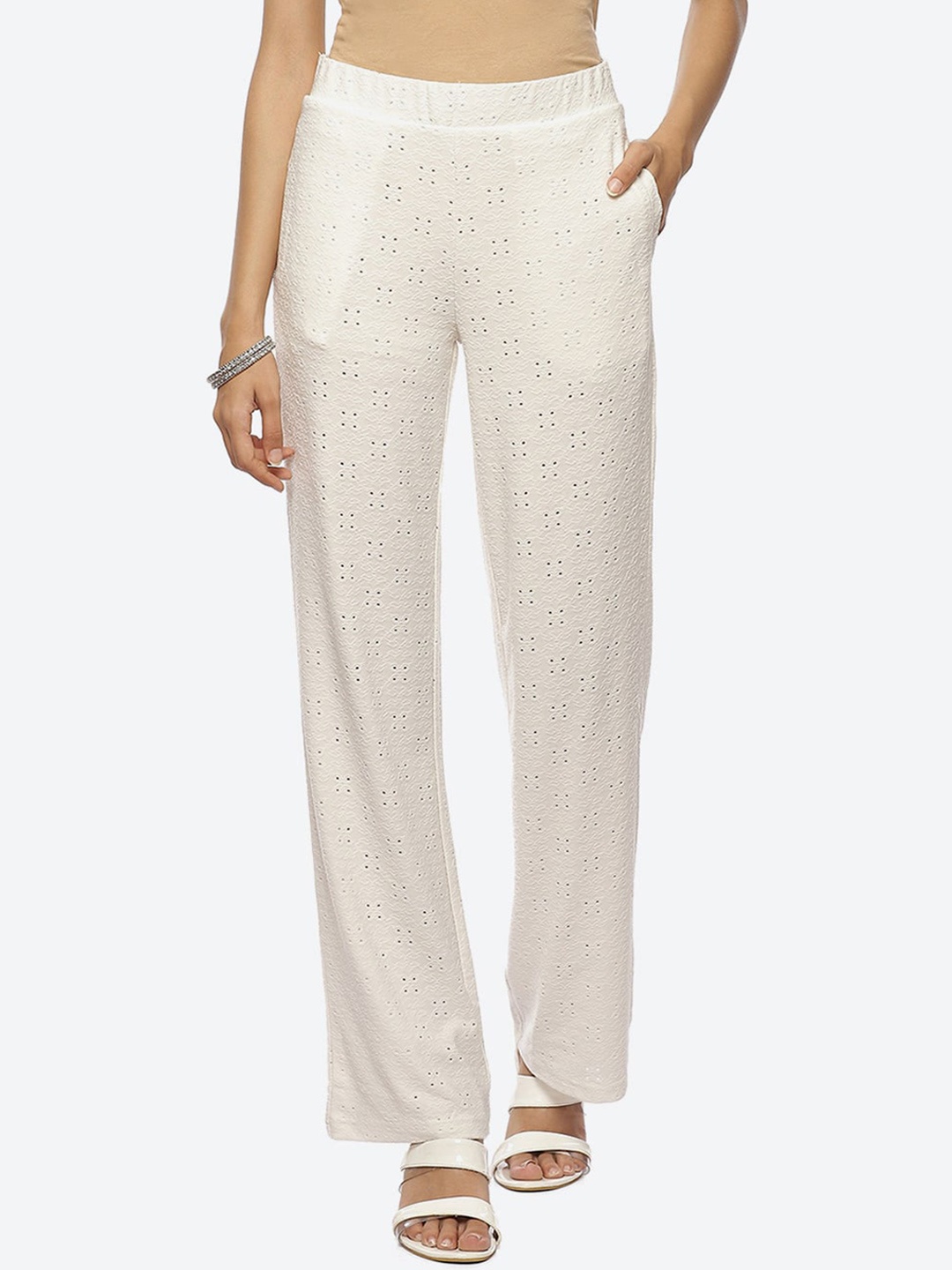 

Lakshita Women Off White Textured Relaxed Loose Fit Chambray Ethnic Trousers