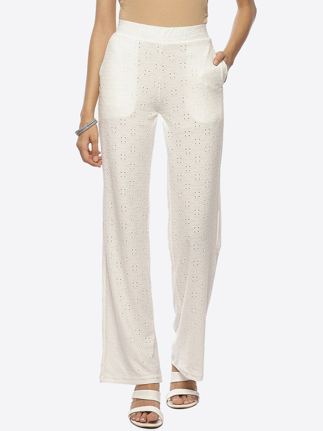

Lakshita Women White Relaxed Loose Fit Chambray Ethnic Trousers