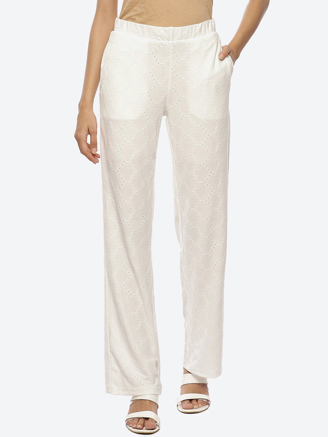 

Lakshita Women White Textured Relaxed Loose Fit Chambray Ethnic Trousers