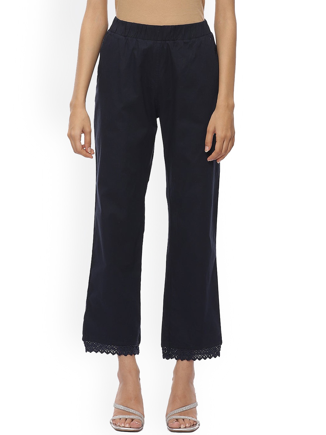 

Lakshita Women Navy Blue Relaxed Loose Fit Chambray Ethnic Trousers With Lace Detail