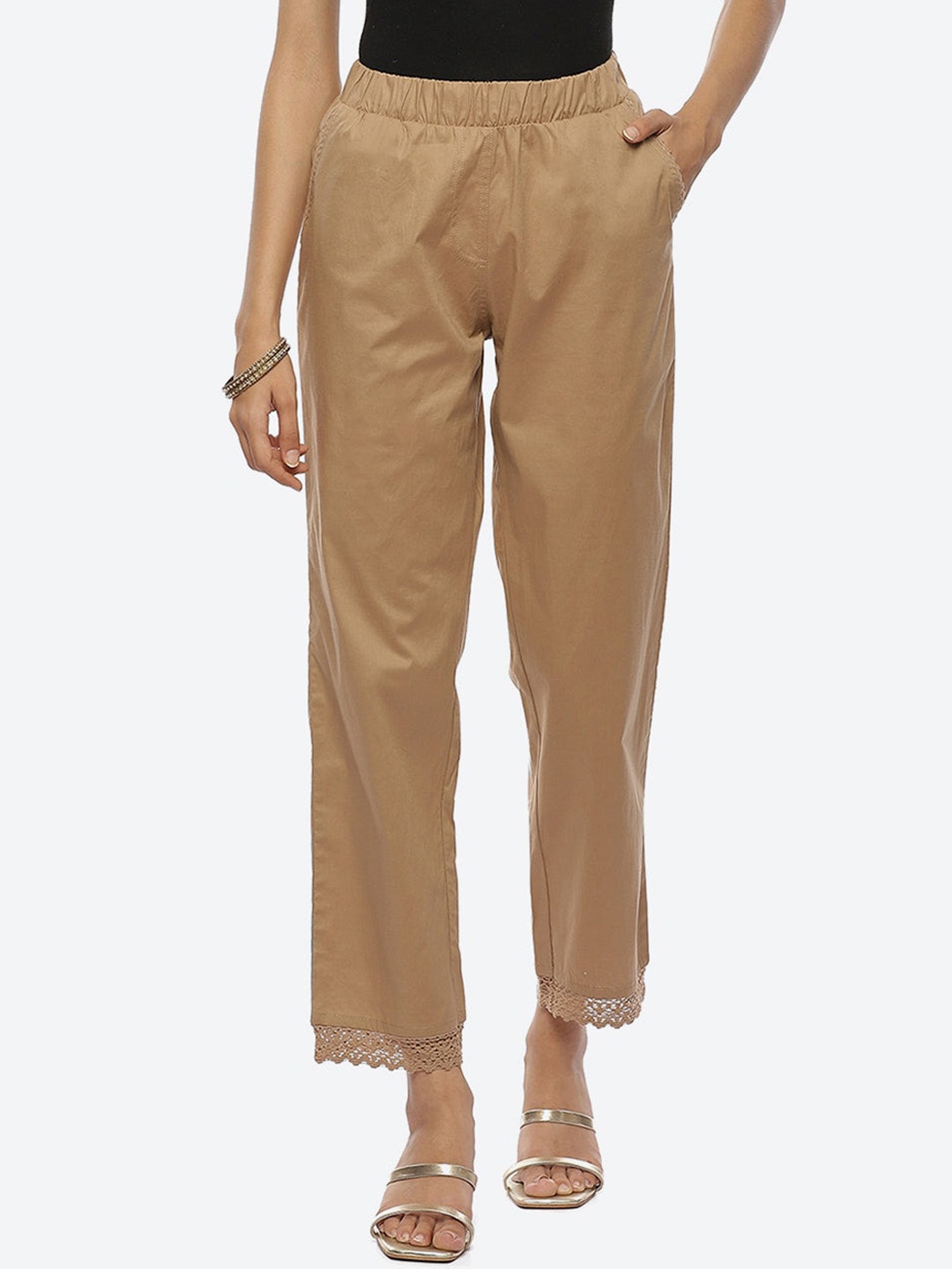 

Lakshita Women Beige Relaxed Loose Fit Chambray Ethnic Trousers with Lace Details