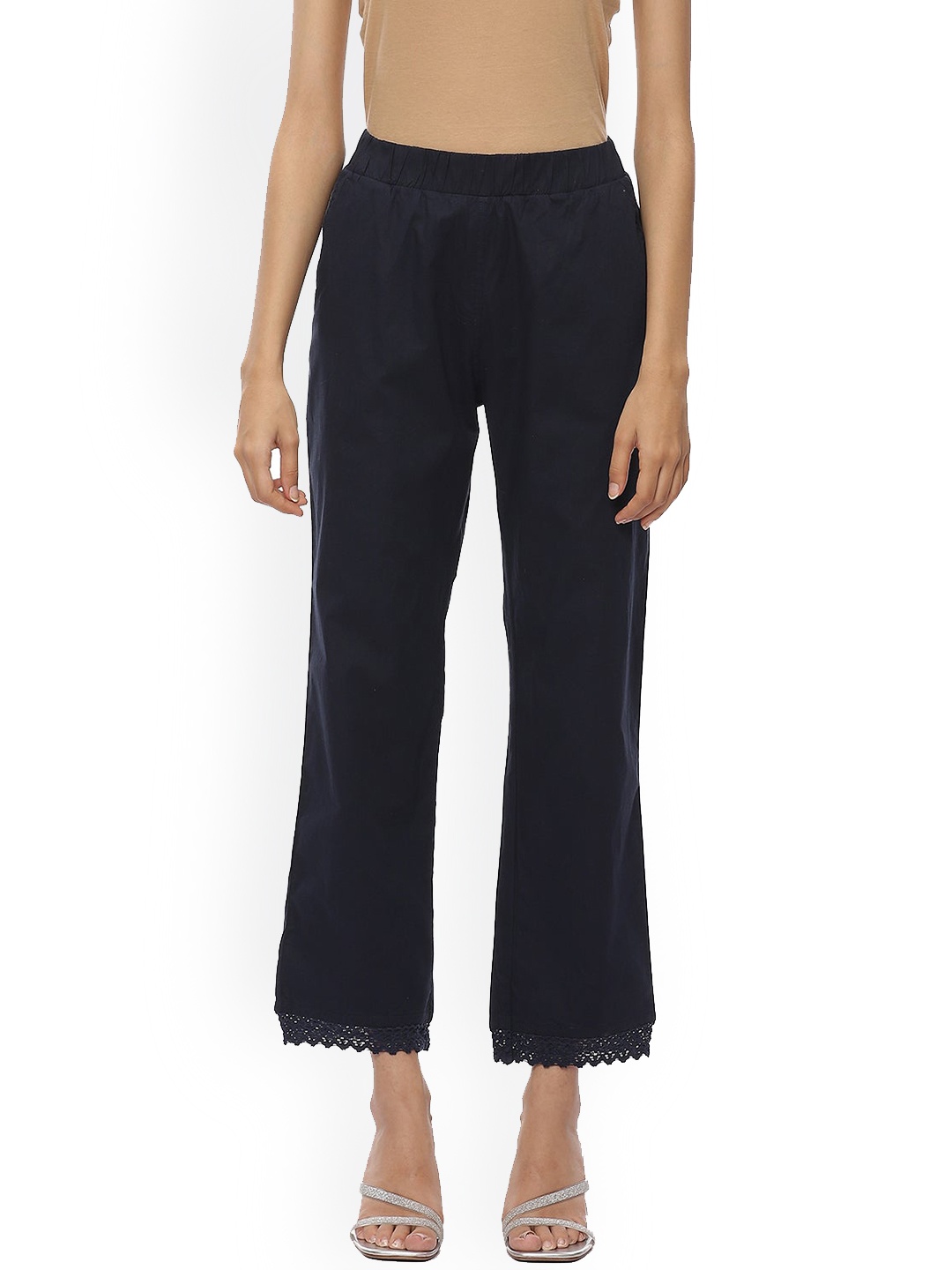 

Lakshita Women Navy Blue Relaxed Loose Fit Chambray Trousers with Lace Details