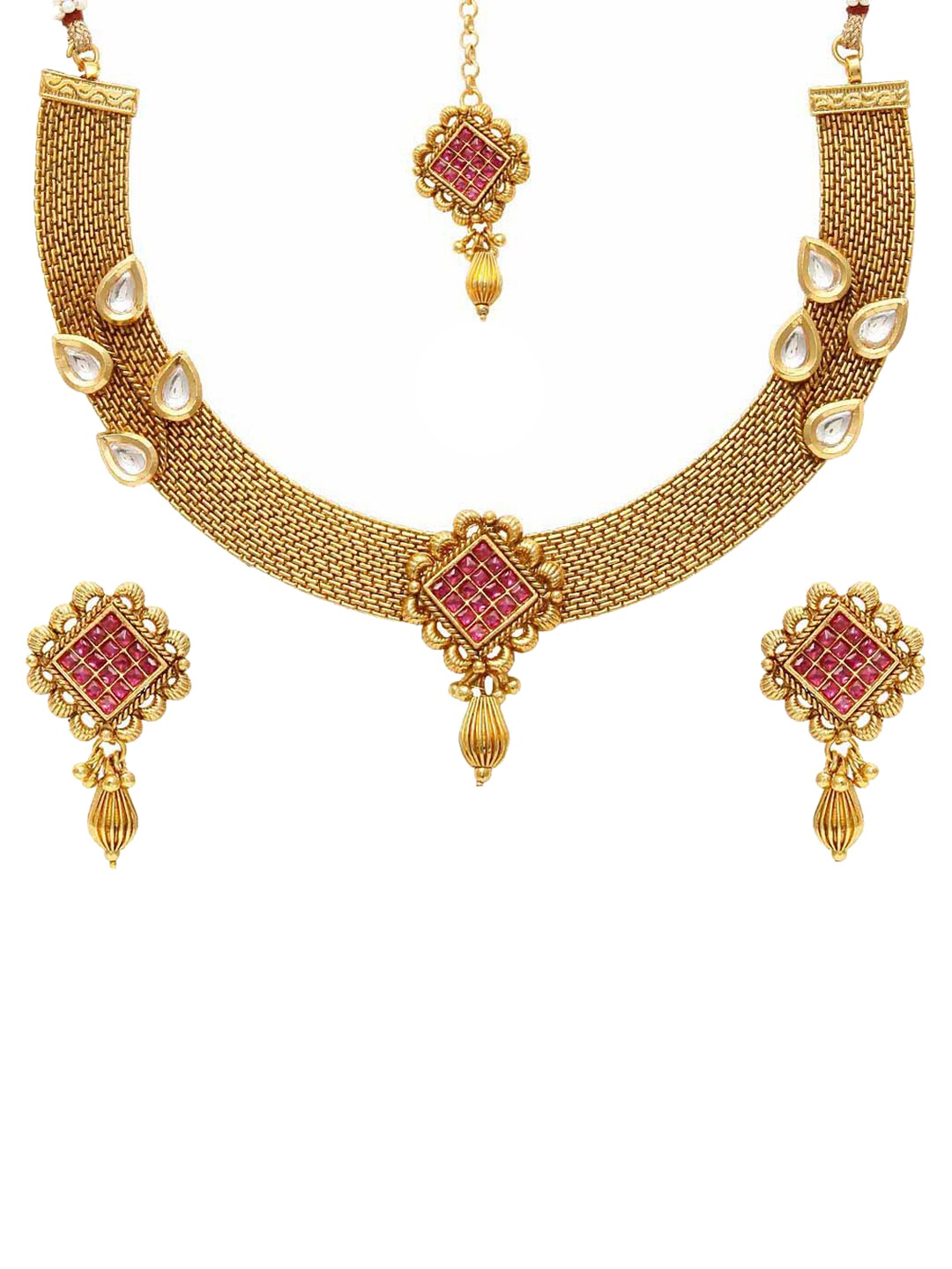 

Jewels Galaxy Gold-Plated Pink & White Kundan Studded Jewellery Set