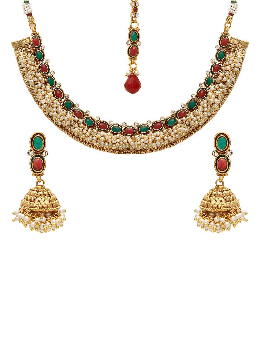 

Jewels Galaxy Gold-Plated Red & Green Stone Studded & Beaded Handcrafted Jewellery Set