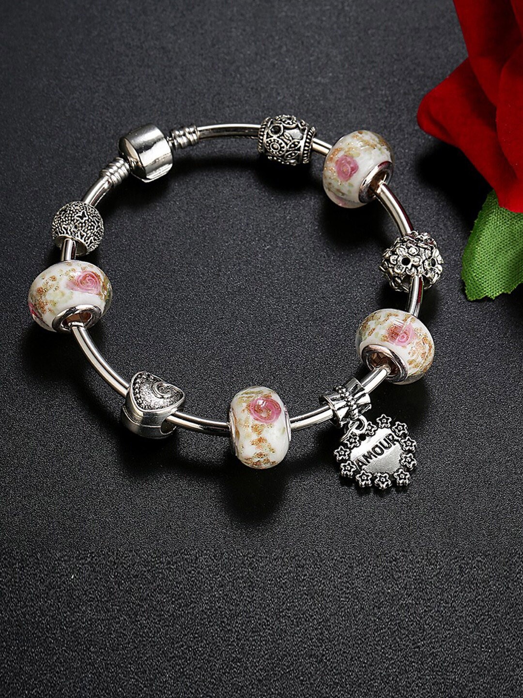 

Jewels Galaxy Women Silver-Toned & Off White Silver-Plated Charm Bracelet