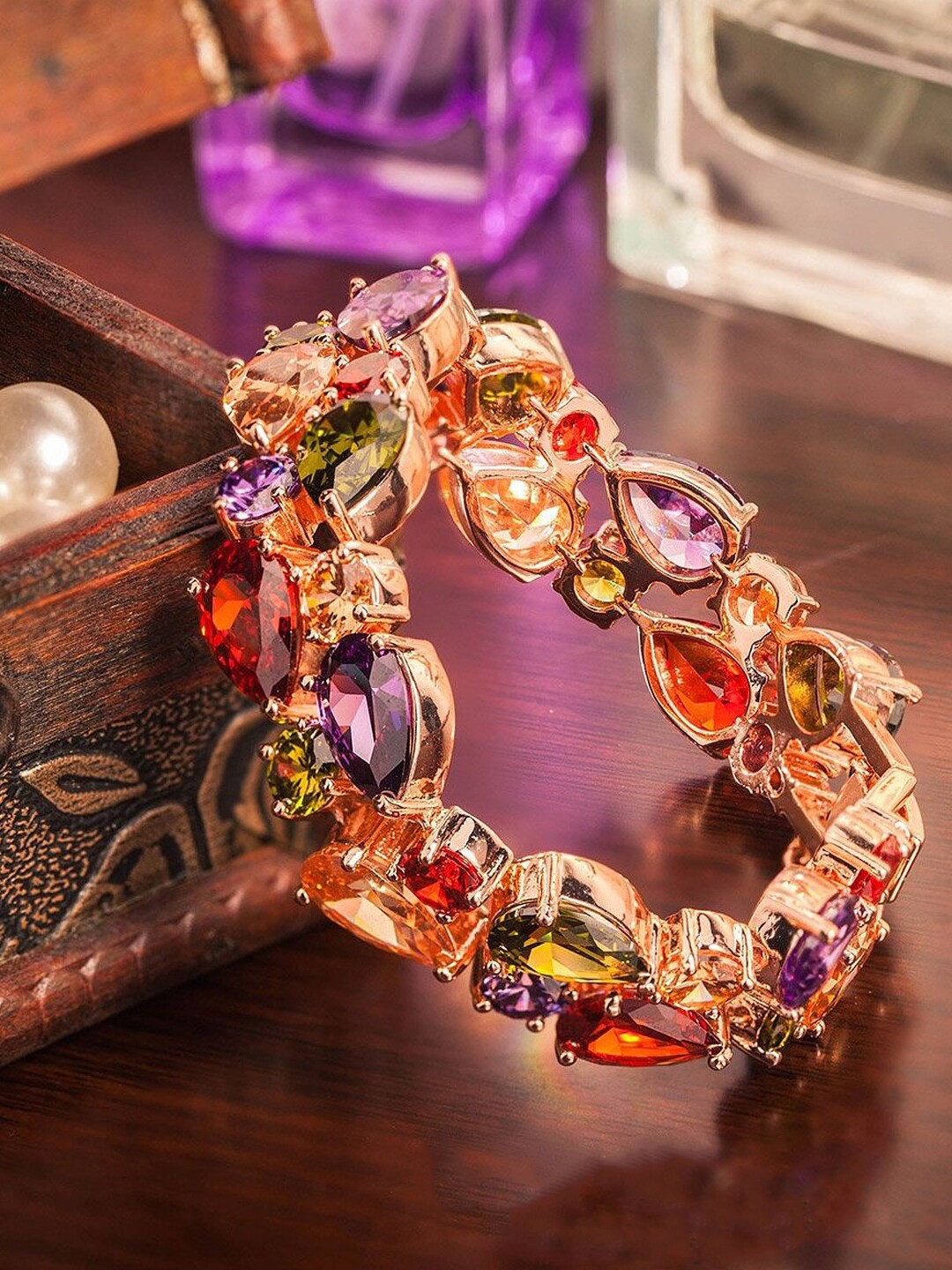 

Jewels Galaxy Women Multicoloured Rose Gold-Plated Cubic Zirconia Wraparound Bracelet, Multi