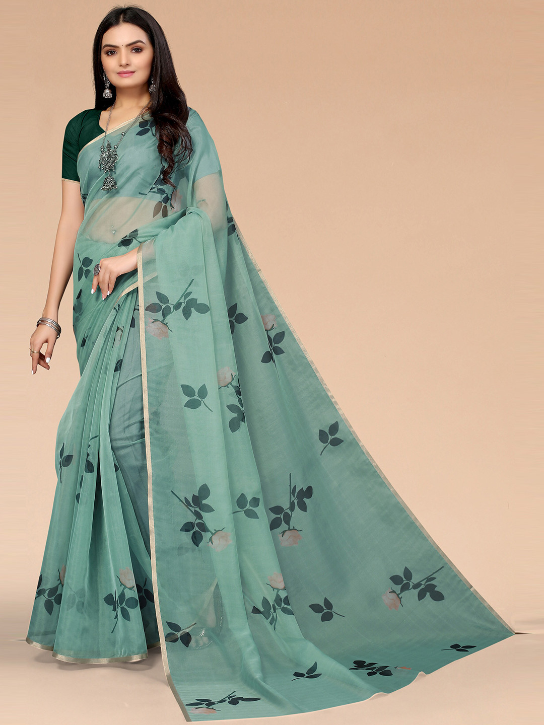

Mitera Green Floral Printed Organza Saree