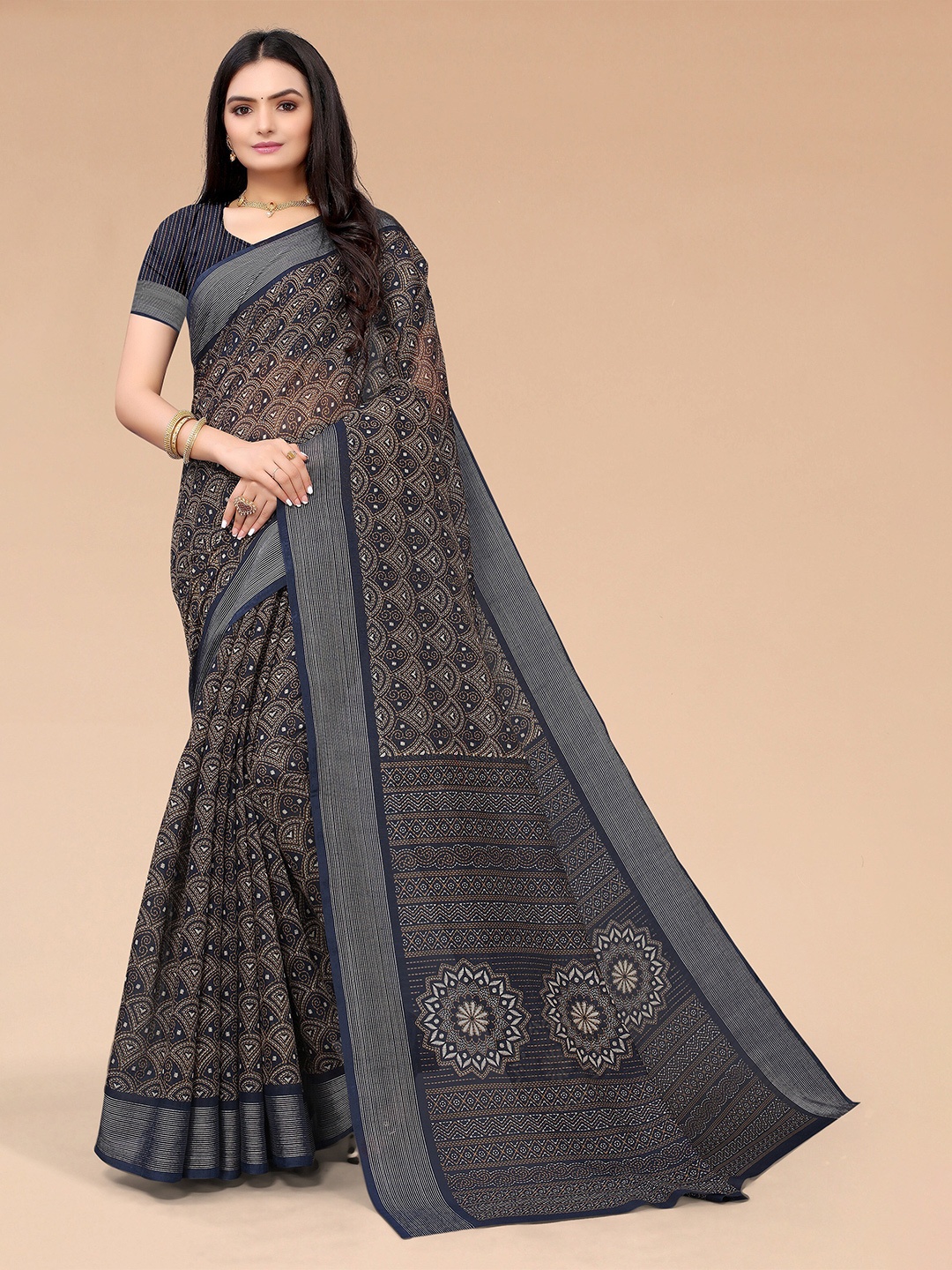 

Mitera Navy Blue & Grey Geometric Printed Saree with Matching blouse