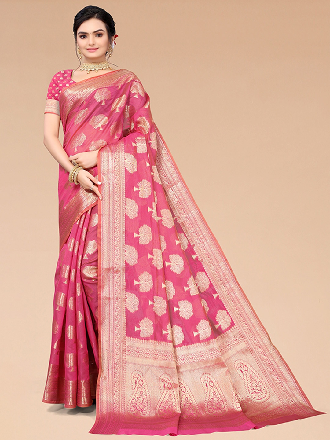 

Mitera Pink & Gold-Toned Woven Design Zari Organza Saree