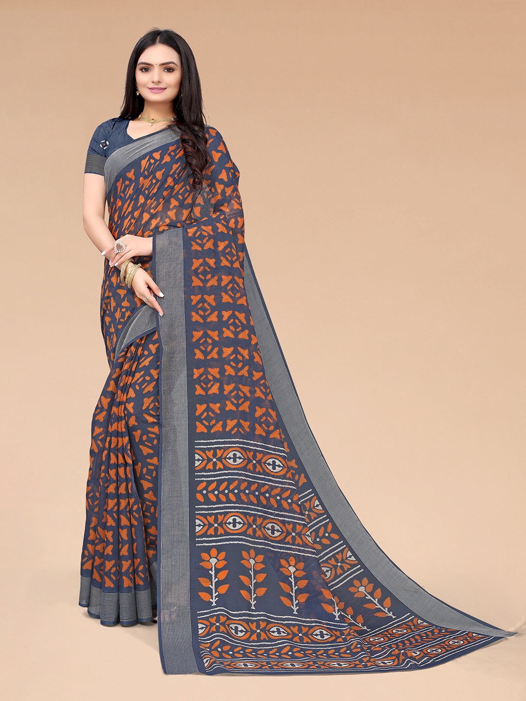 

Mitera Teal & Orange Floral Cotton Linen Printed Saree with blouse