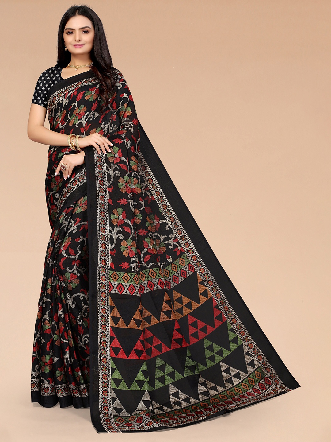 

Mitera Black & Green Floral Cotton Linen Printed Saree with blouse