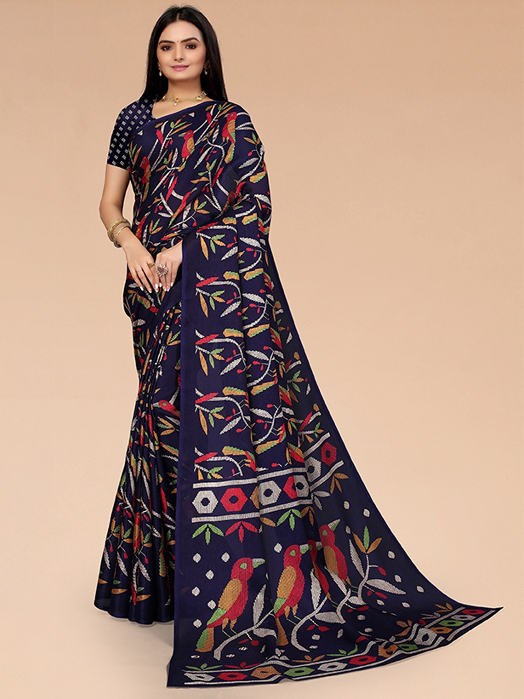 

Mitera Navy Blue & Red Floral Colored Cotton Linen Printed Saree with blouse