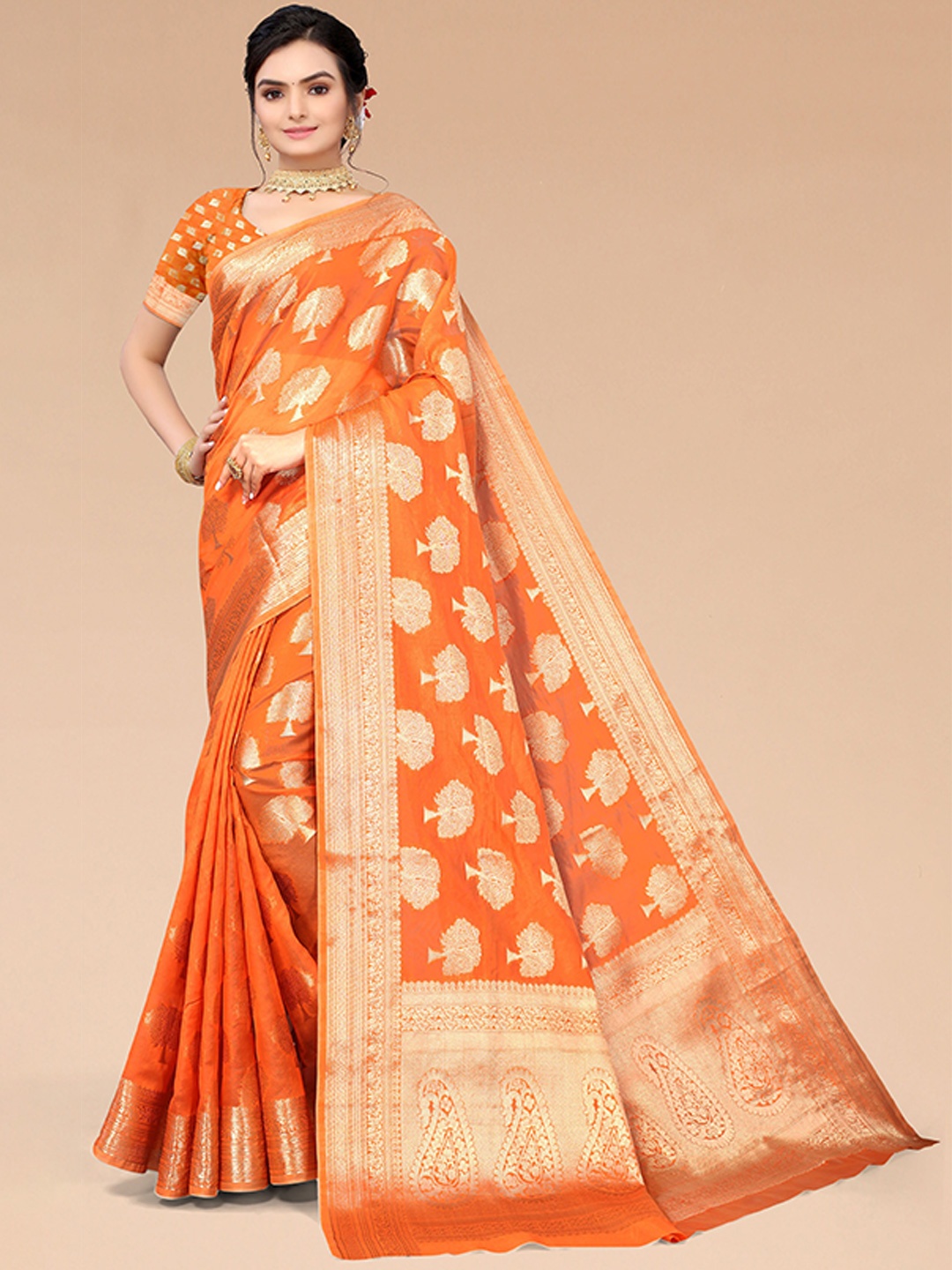 

Mitera Rust Orange Banarasi Woven Design Zari Organza Saree