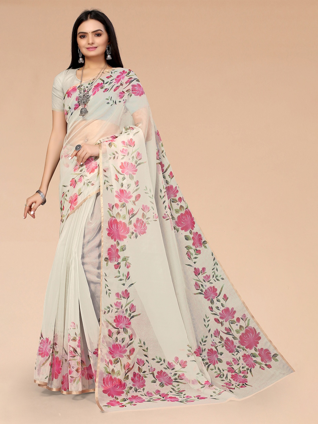 

Mitera Cream-Coloured & Pink Floral Organza Saree
