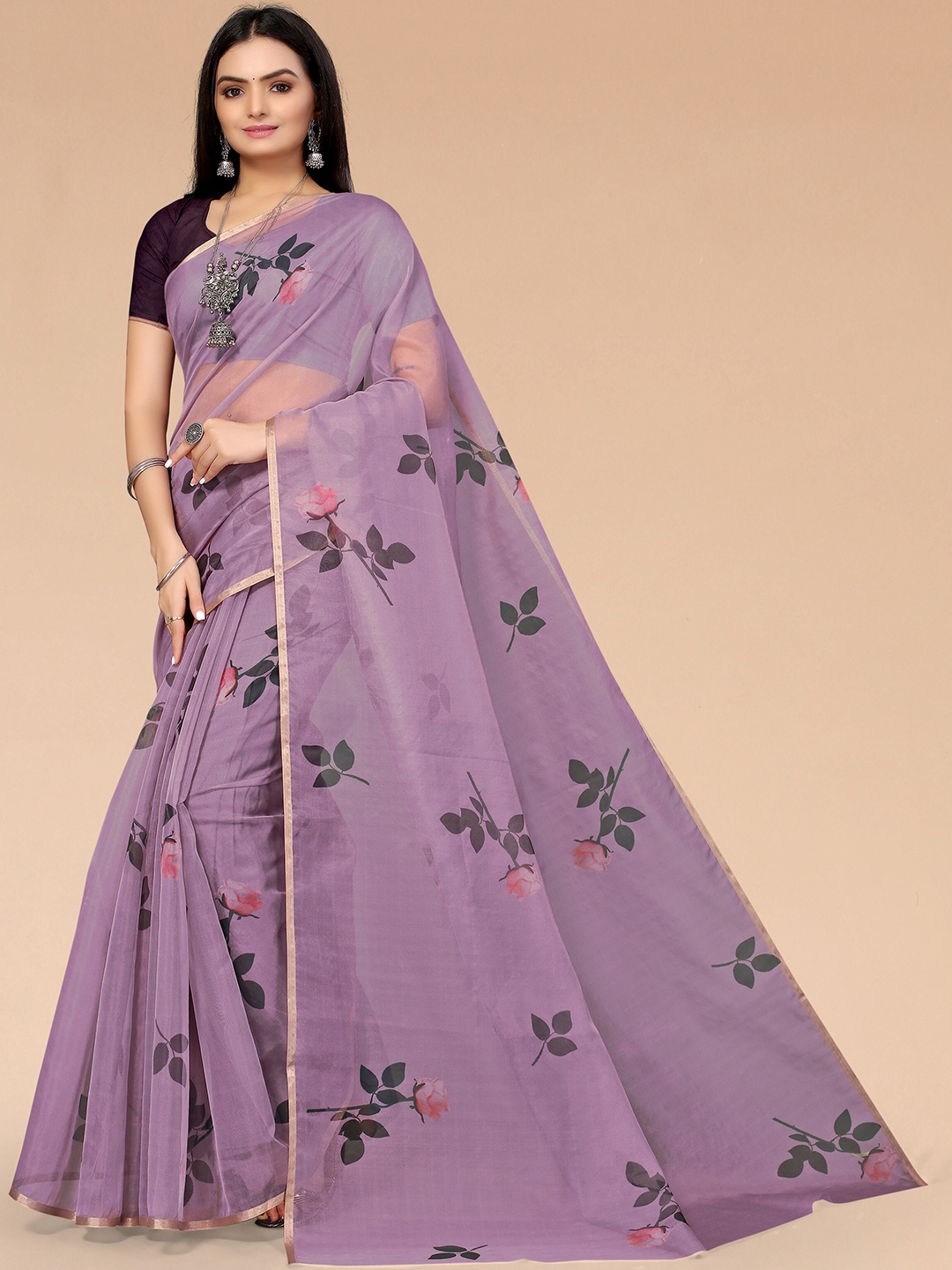 

Mitera Purple & Green Floral Organza Saree