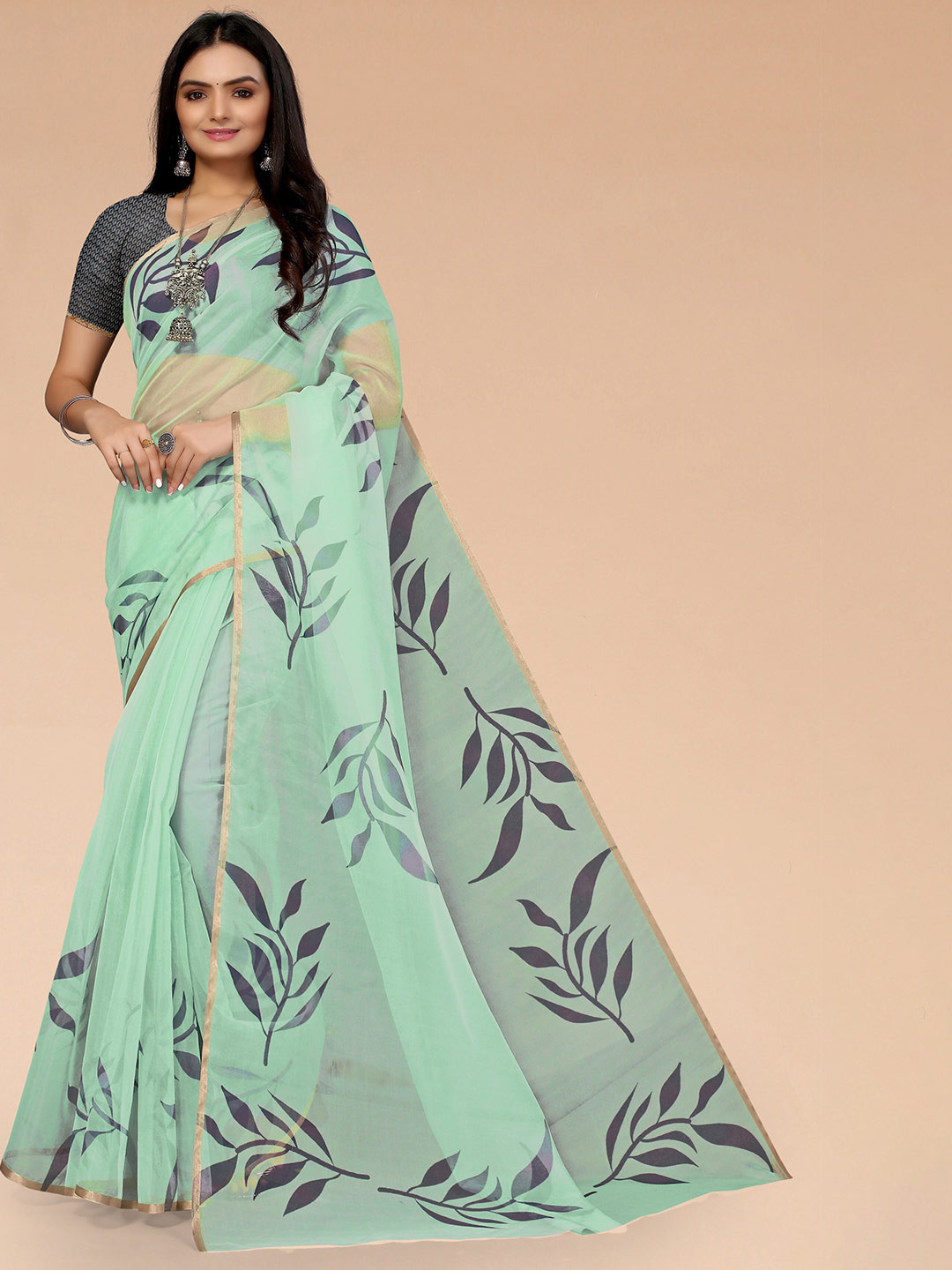 

Mitera Green & Blue Floral Organza Saree