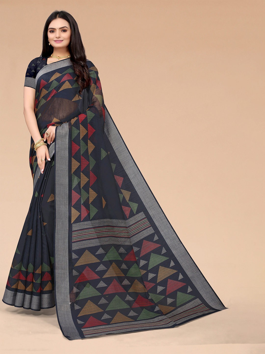 

Mitera Black Colored Cotton Linen Geometric Printed Saree with Matching blouse