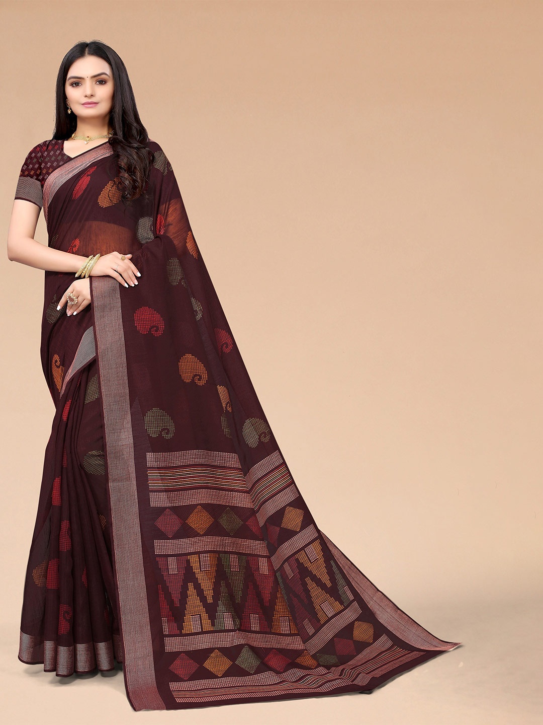 

Mitera Purple Wine Ethnic Motifs Cotton Linen Saree with Matching blouse