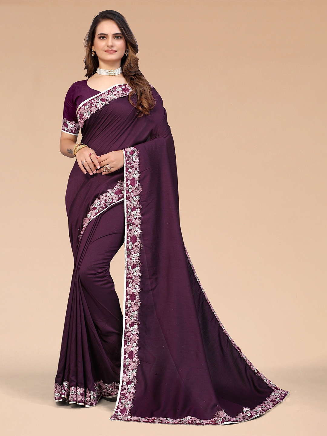 

Mitera Purple Poly Silk Emblished Border Work Saree With Blouse.