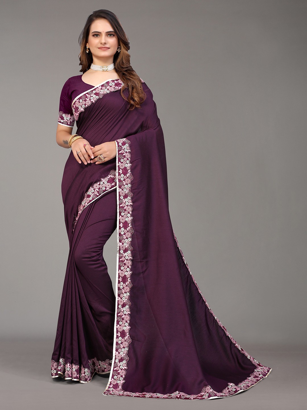 

Nimayaa Purple & White Poly Silk Emblished Border Work Saree