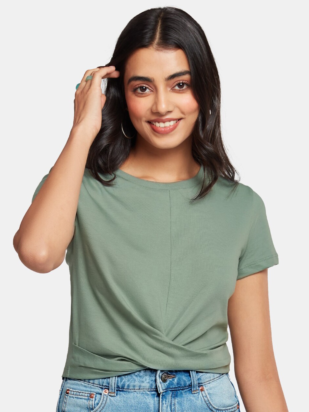 

The Souled Store Women Green Twisted Waist T-shirt