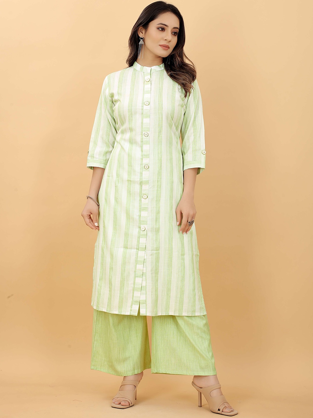 

RACHNA Women Sea Green Striped Panelled Kurti with Palazzo