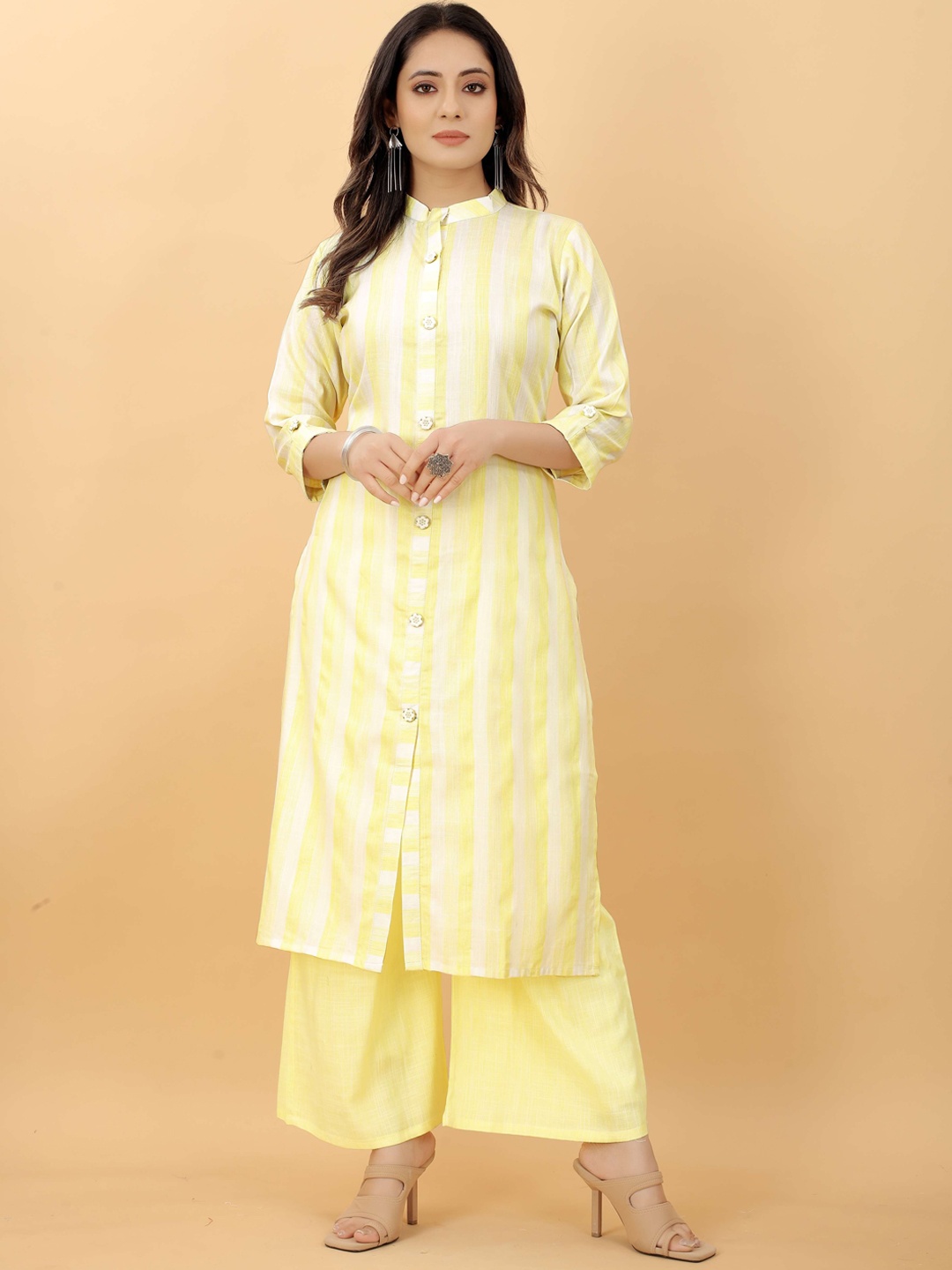 

RACHNA Women Yellow Striped Kurta with Palazzos