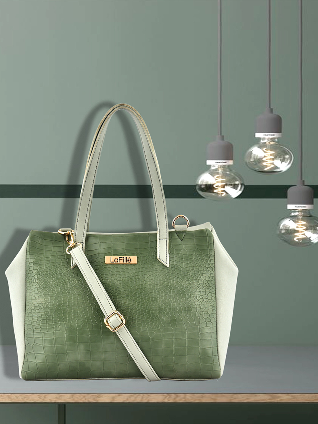 

LaFille Women Green Colourblocked PU Structured Handheld Bag