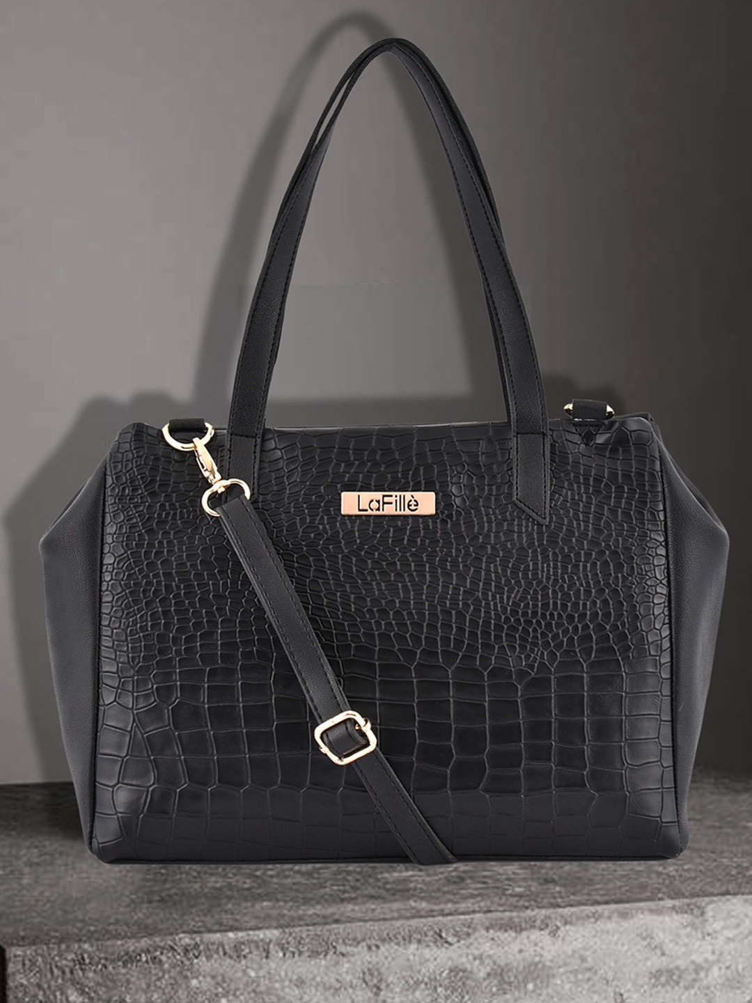

LaFille Black Textured PU Structured Handheld Bag with Quilted