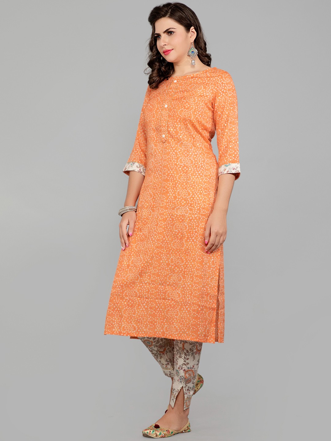 

POONAM DESIGNER Women Orange Floral Printed Angrakha Pure Cotton Kurta with Trousers