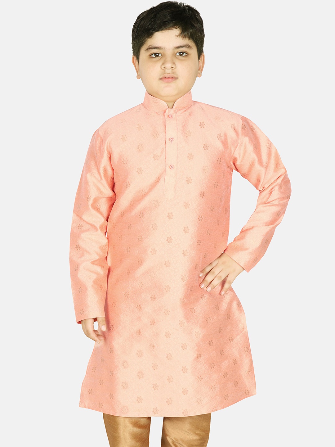 

SG YUVRAJ Boys Peach-Coloured Ethnic Motifs Thread Work Raw Silk Kurta