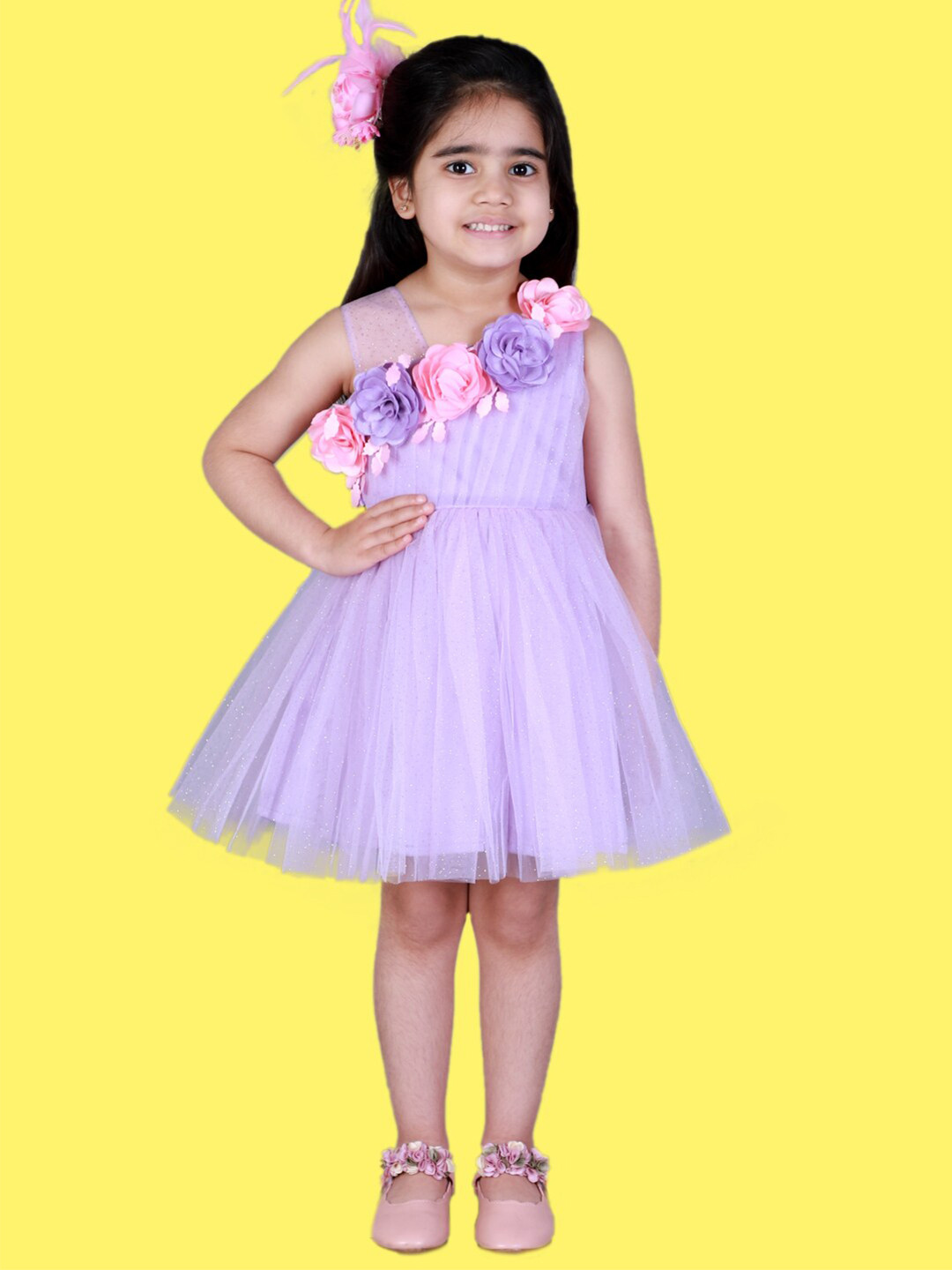 

LIL DRAMA Girls Purple & Pink Floral Fit and Flare Net Dress