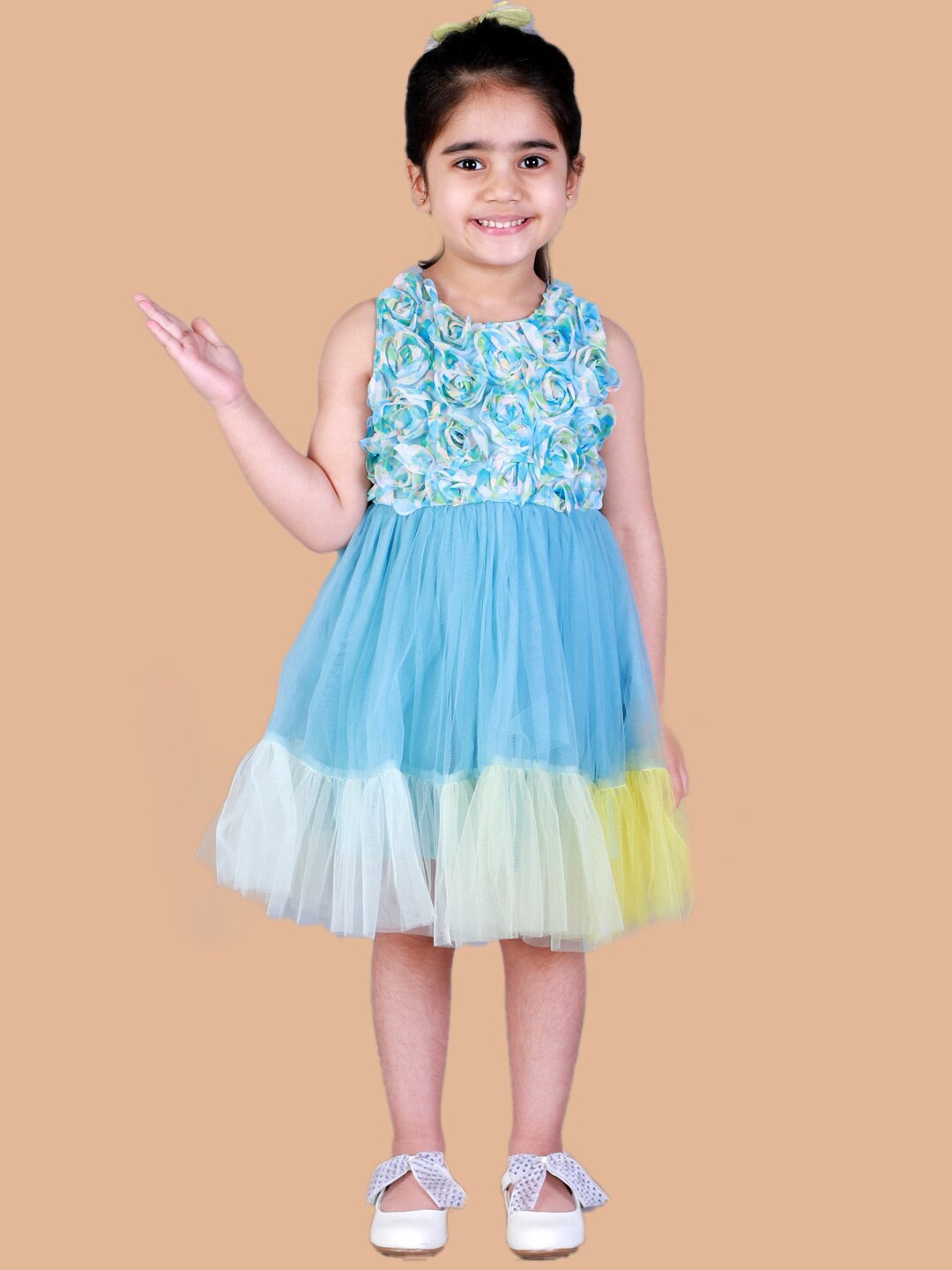 

LIL DRAMA Girls Blue & Yellow Fit and Flare Net Dress