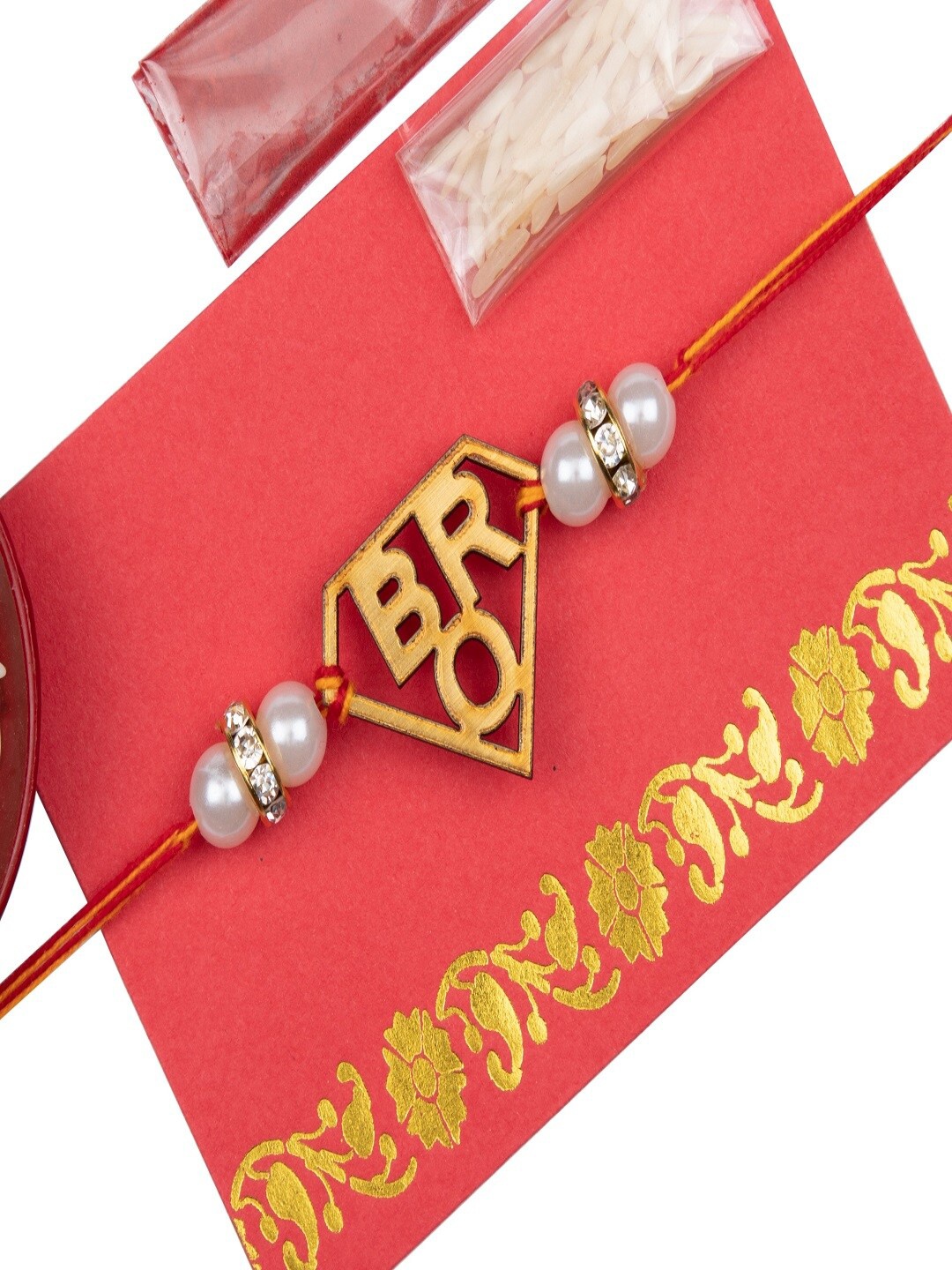 

The Magic Wand Gold-Toned & Red Thread Rakhi With Roli-Chawal