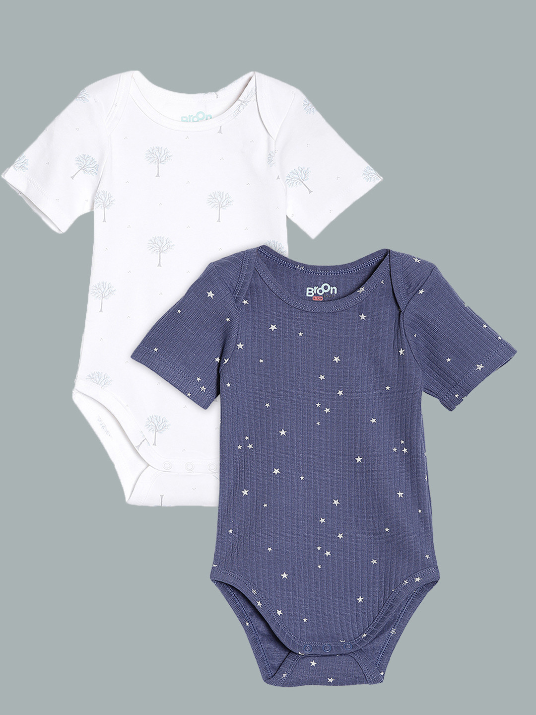 

Broon Infant Boys Pack Of 2 Navy Blue & White Printed Pure Cotton Bodysuits