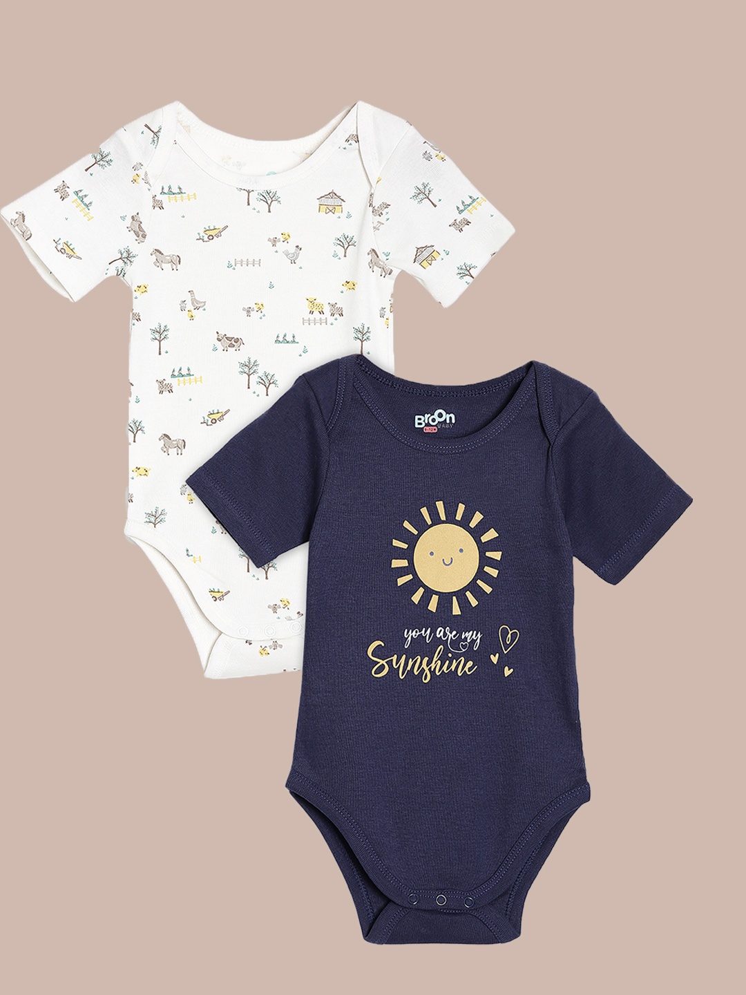 

Broon Infant Boys Pack Of 2 Navy Blue & White Printed Pure Cotton Bodysuits