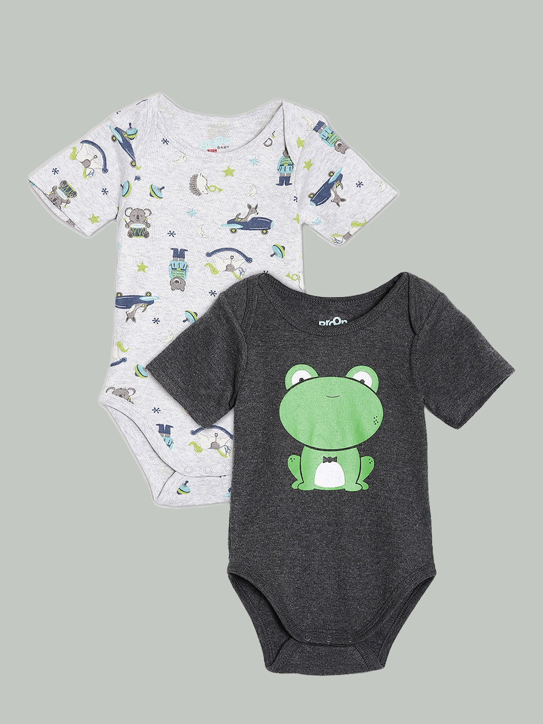 

Broon Infant Boys Pack of 2 Printed Cotton Bodysuit, Grey melange