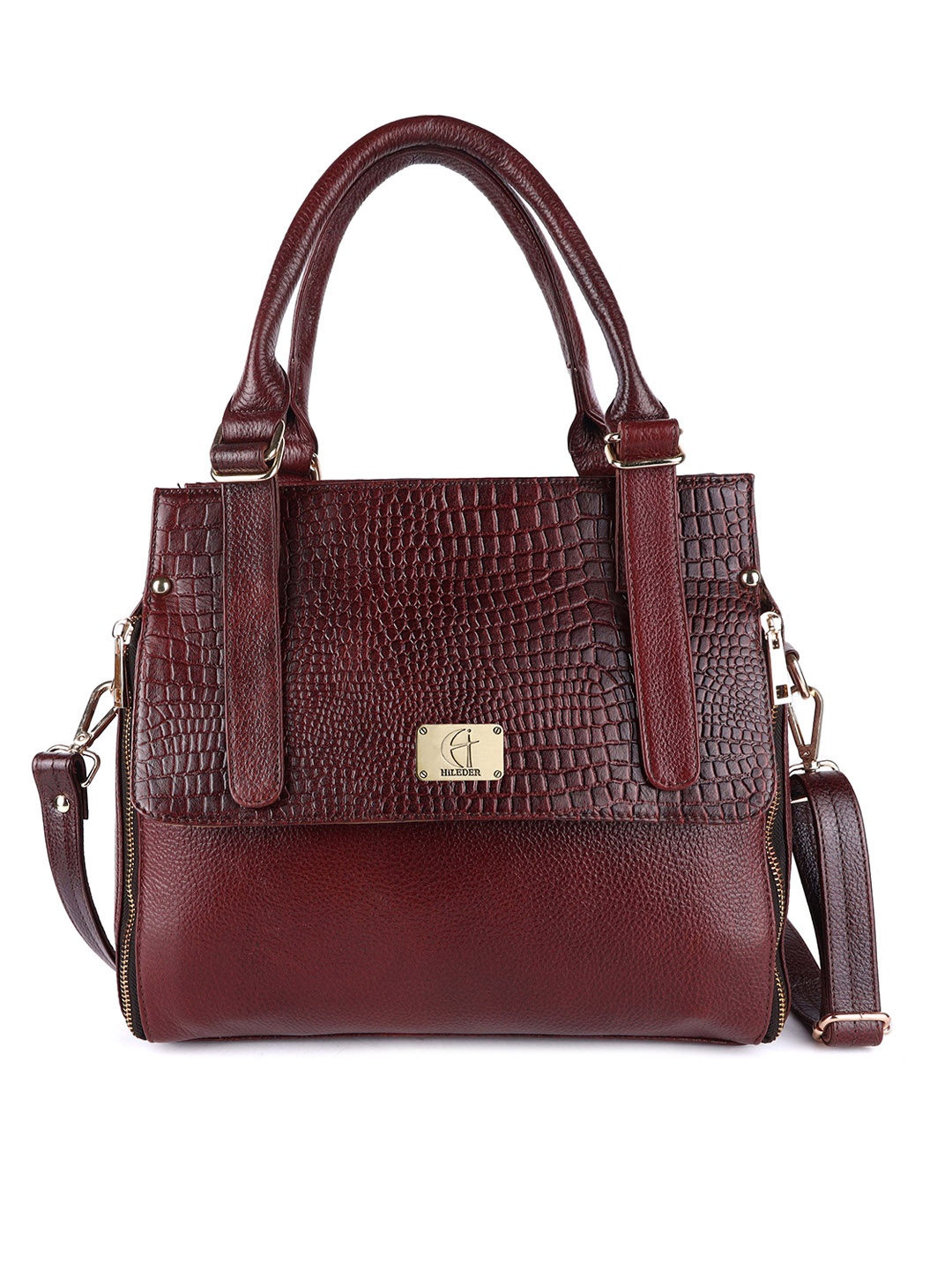 

HiLEDER Brown Pure Leather Textured Structured Handheld Bag