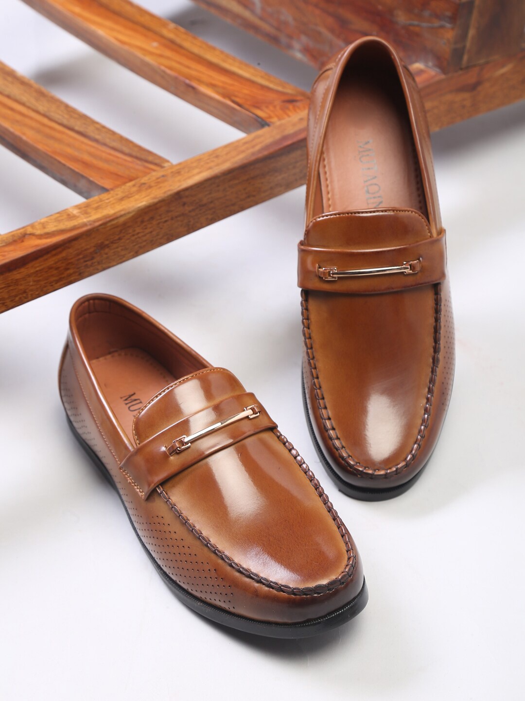 

MUTAQINOTI Men Tan Brown Patent Leather Loafers Formal Shoes