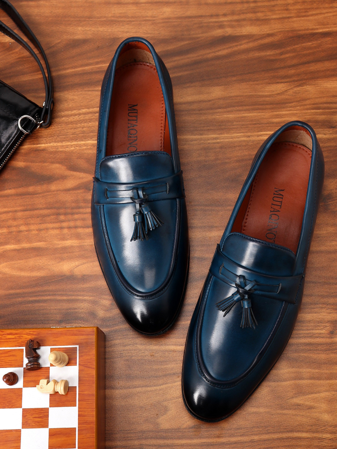 

MUTAQINOTI Men Blue Solid Leather Formal Loafers Shoes