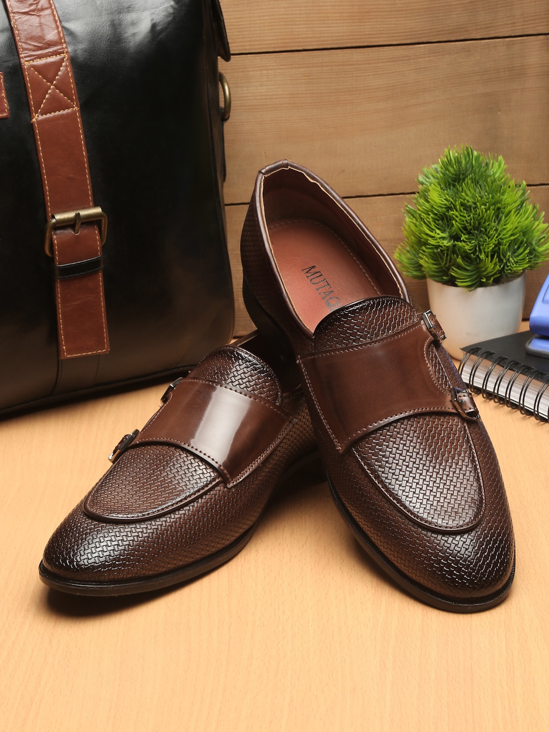 

MUTAQINOTI Men Brown Solid Patent Leather Formal Monk Shoes